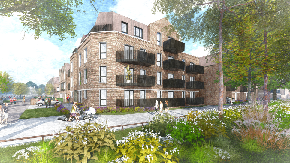 Drawing of new apartment buildings and a landscaped street on the Ravensbury estate