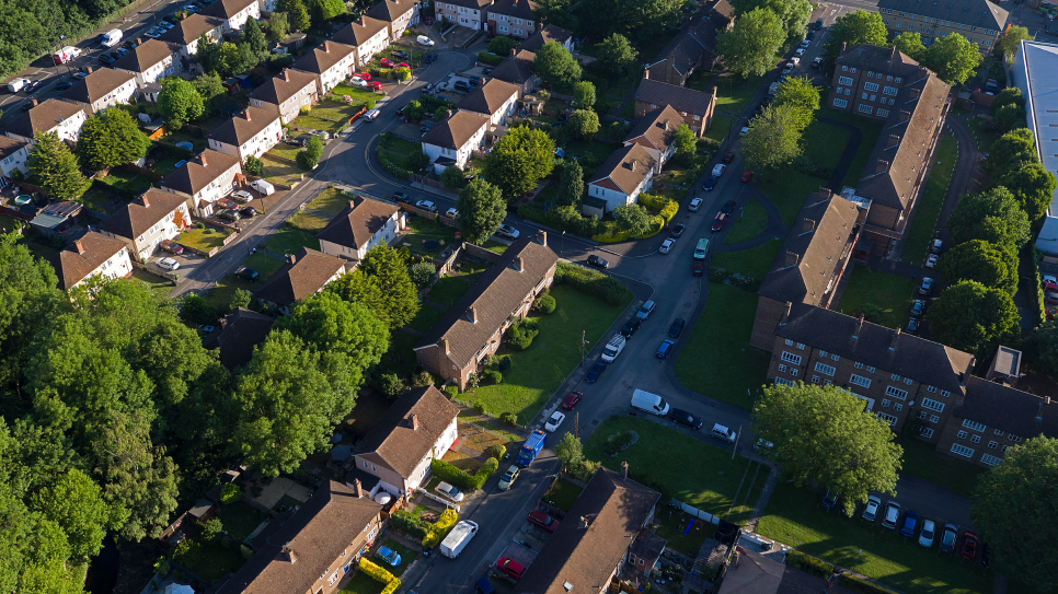 Aerial view of rows of houses